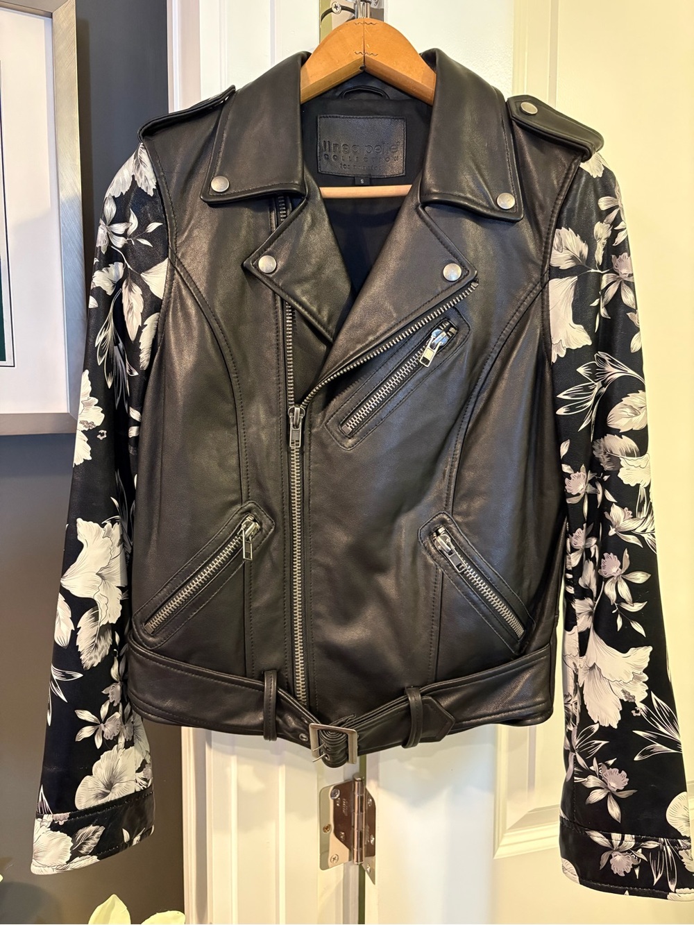 Floral Sleeve Linea Pelle Black Leather Moto Jacket